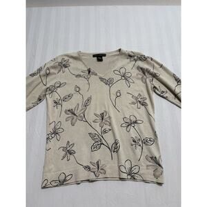 Sarah Spencer Silk Blend Floral V-Neck Knit Sweater Women’s Medium Cream